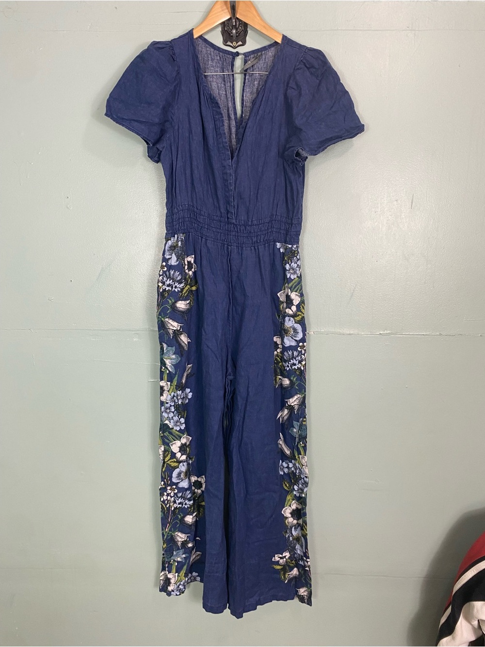 Anthropologie Somerset Linen Jumpsuit‎ Floral Blue Medium